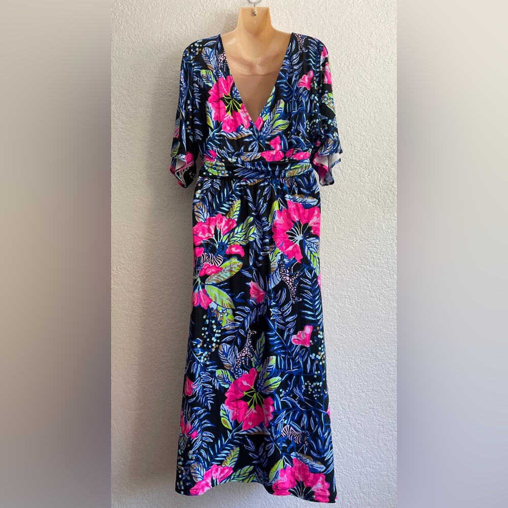 Lilly Pulitzer Parigi Meridian Vibrant Black Floral Midi Dress SMALL Kimono Slit - Picture 3 of 9